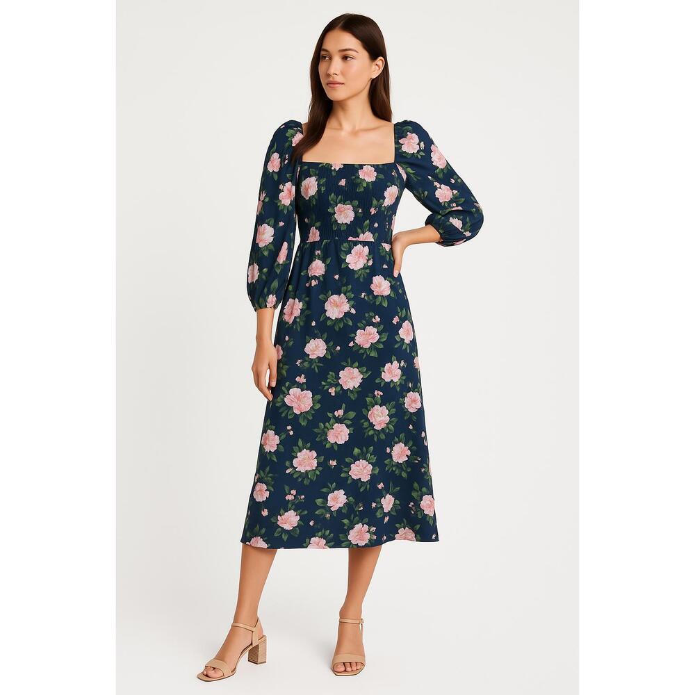 NEW Abercrombie & Fitch Navy Blue Floral Sleeve Puff Sleeve Midi Dress Size XS